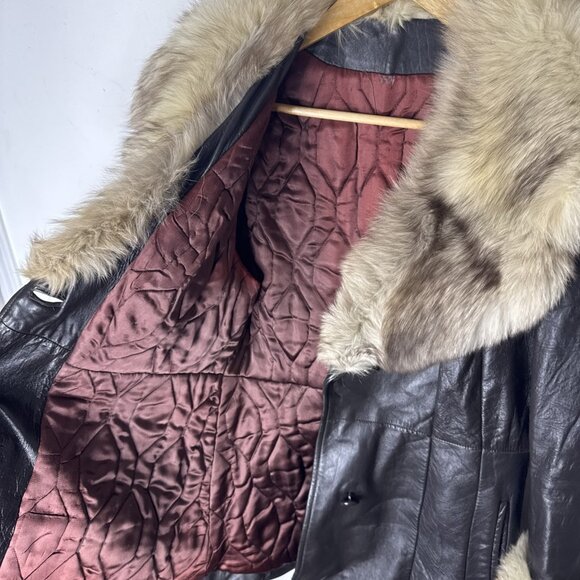 Penny Lane 70s Women’s M Black Leather Swing Coat Real Fur Collar & Cuffs - Picture 7 of 9
